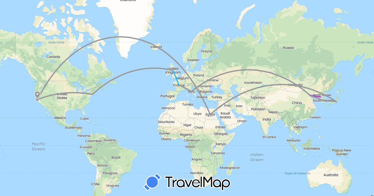 TravelMap itinerary: driving, plane, train, boat in China, Egypt, France, United Kingdom, Italy, Japan, North Korea, South Korea, United States (Africa, Asia, Europe, North America)